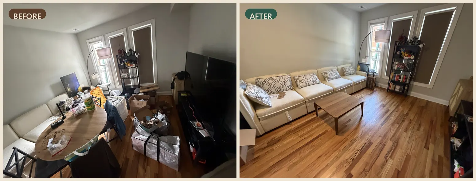 Living room before and after organizing