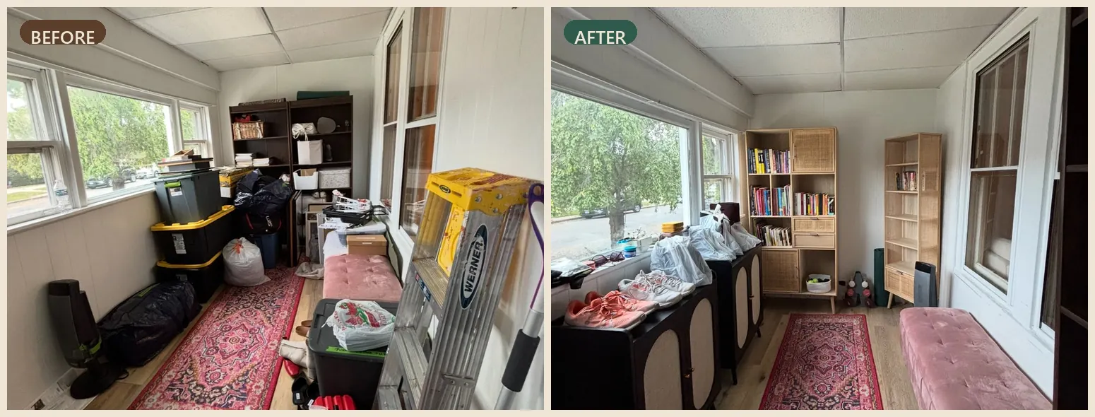 Sunroom before and after organizing