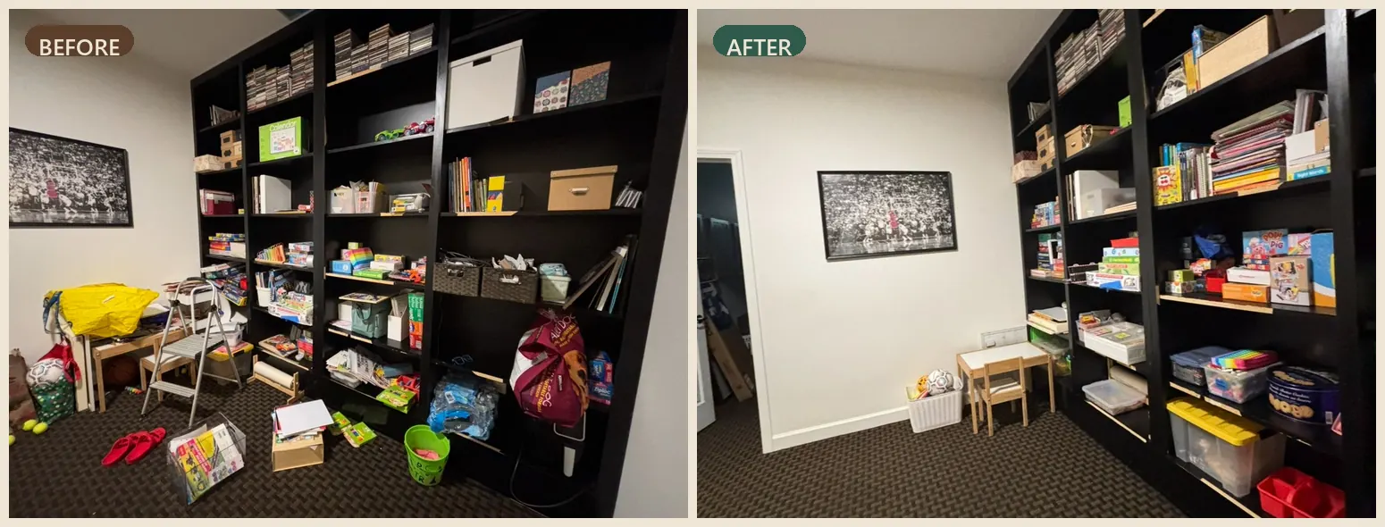Playroom shelves before and after organizing