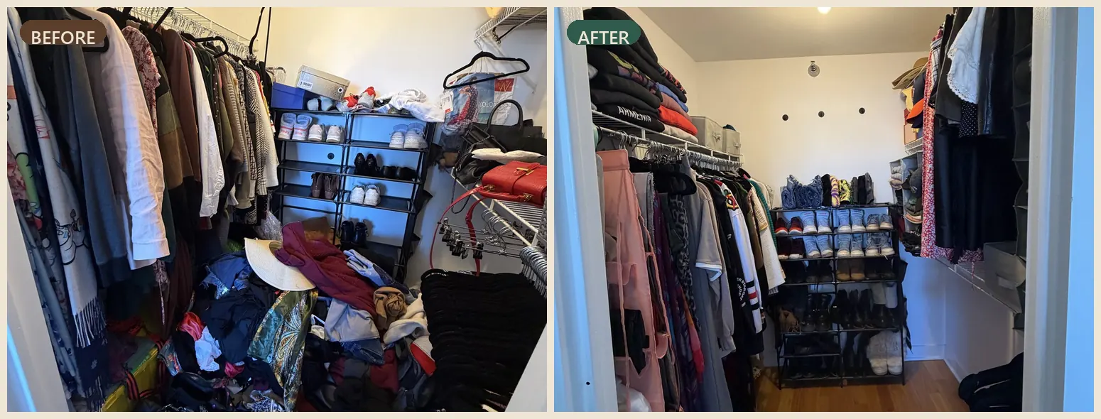 Walk-in closet before and after organizing