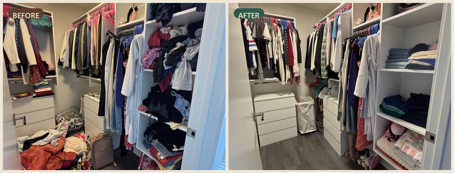 Kids&rsquo; closet before and after organizing
