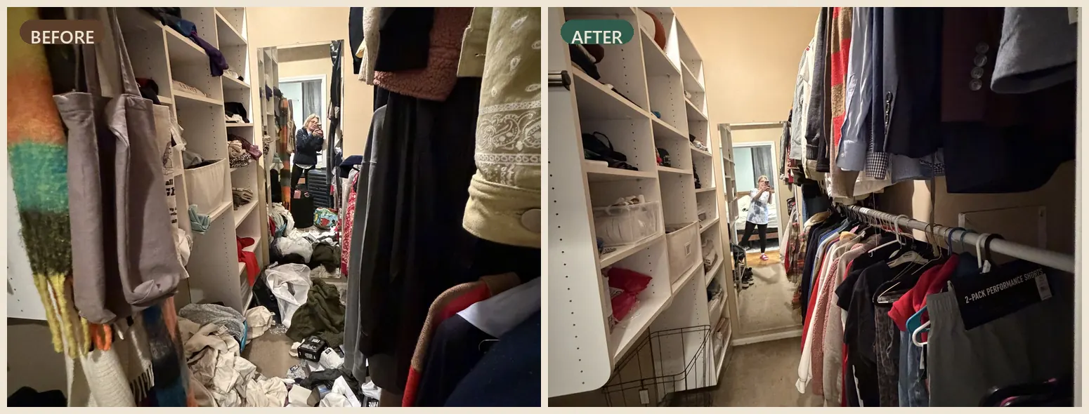 Closet shelving before and after organizing